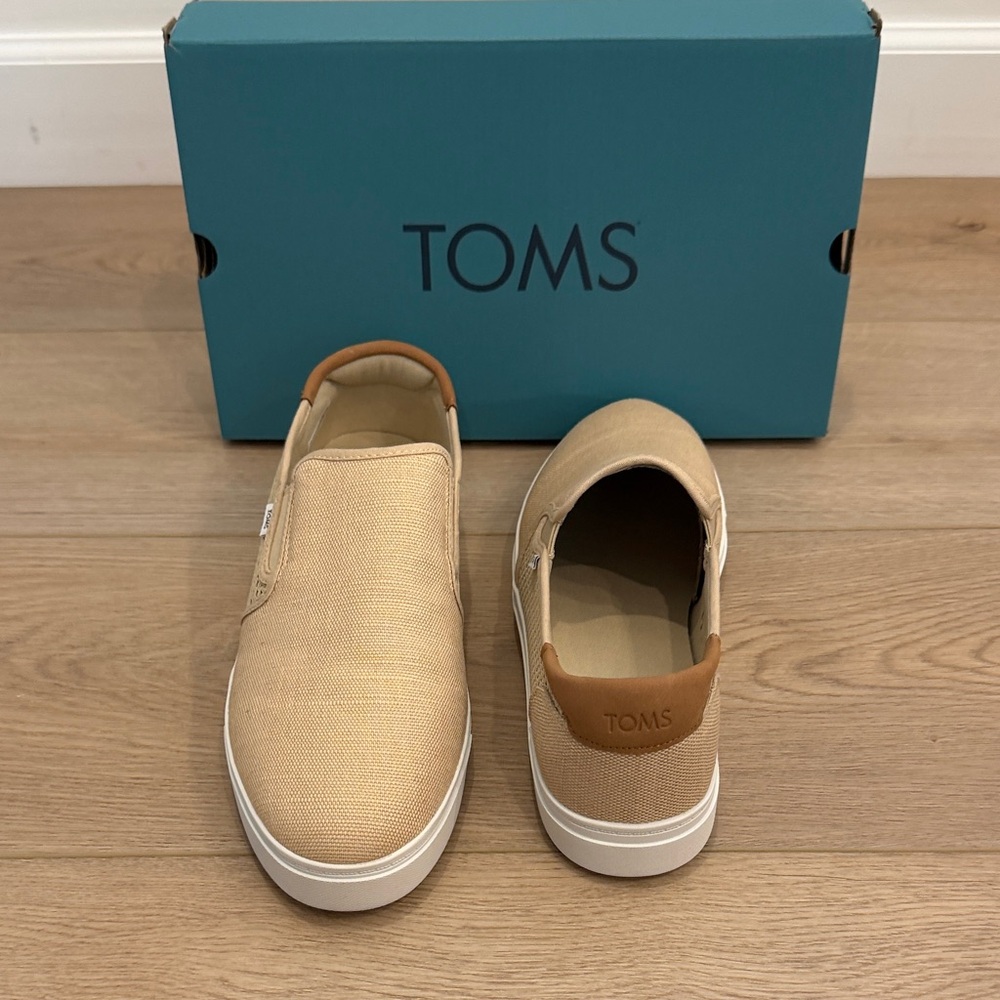TOMS Canvas Slip-Ons in Beige with Tan Heel Tab